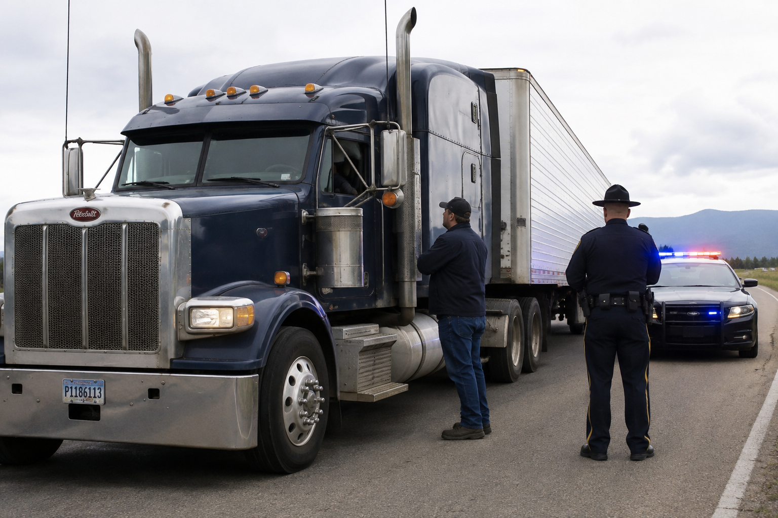 Truck driver pulled over during a roadside inspection