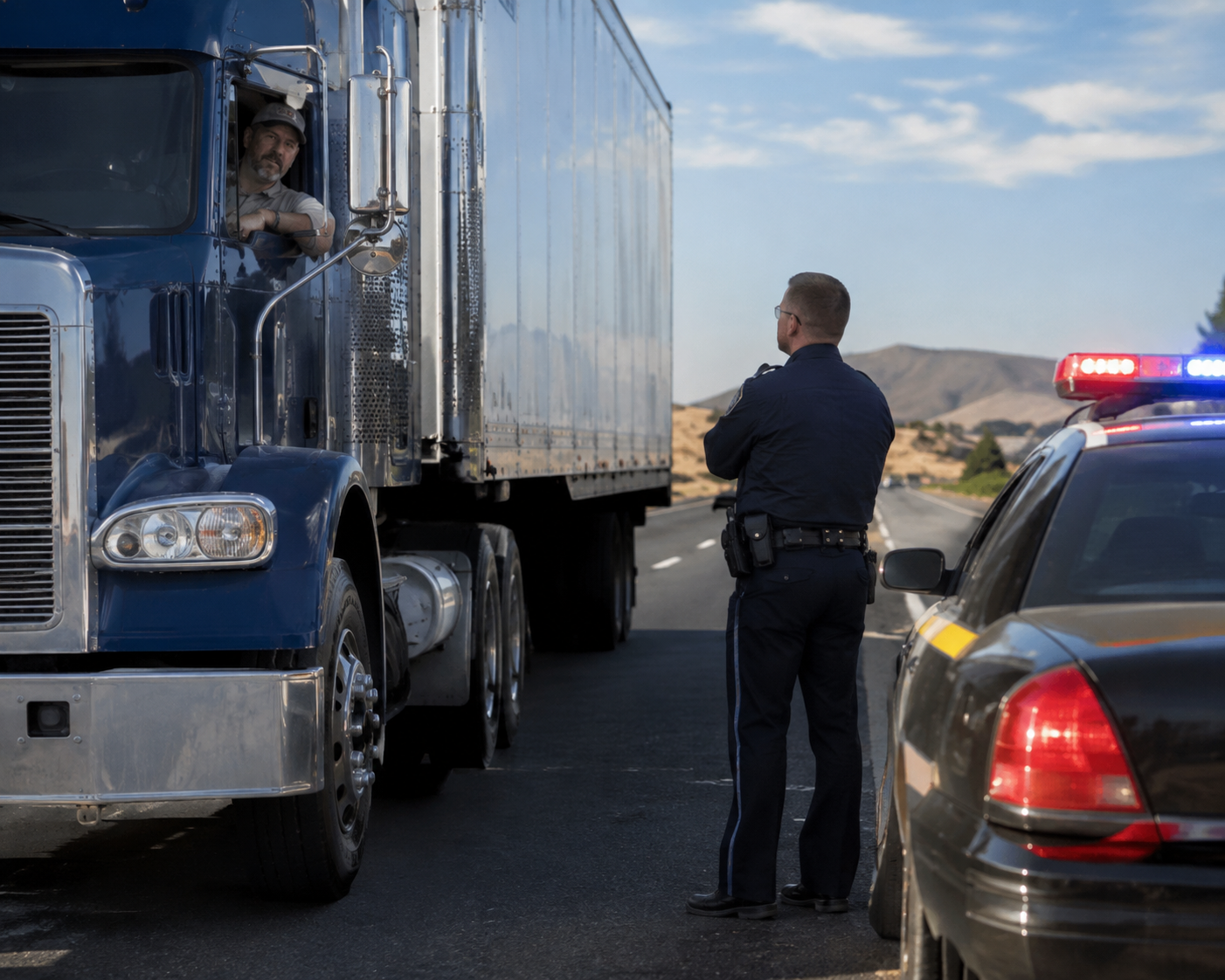 Truck driver pulled over during a roadside inspection