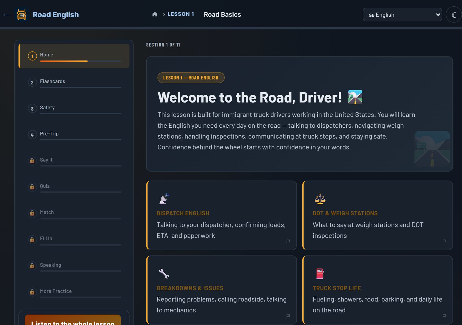 A Road English lesson open on a tablet