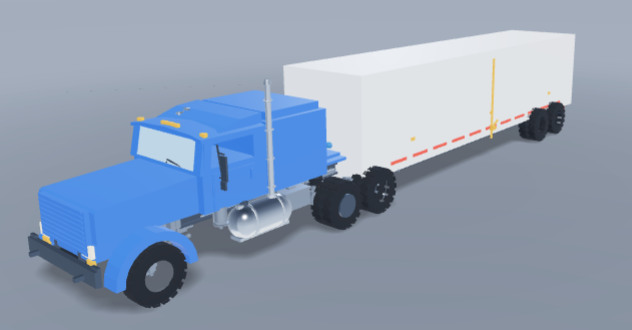 Interactive 3D model of a blue semi truck and white trailer
