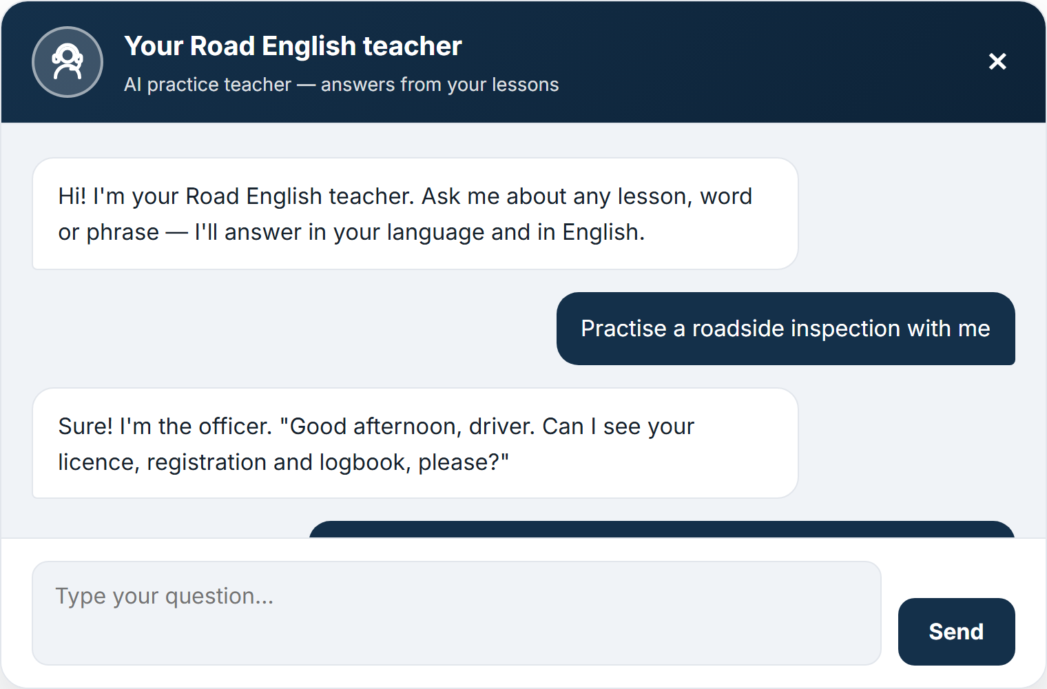 Virtual Teacher chat practicing a roadside inspection